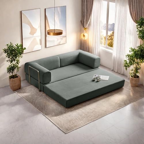 Convertible Floor Sofa Bed, Foldable Mattress Cloud Couch with Pillow Back & Armrest, Chenille Sleeper Sofa Bed with Fixed-Shape Frame