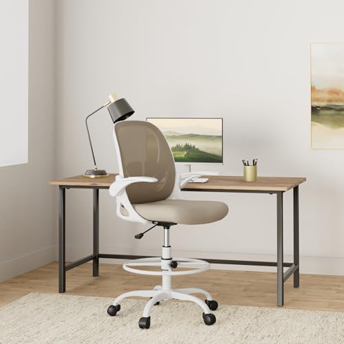 Primy Drafting Chair Tall Office Chair with Flip-up Armrests Executive Ergonomic Computer Standing Desk Chair with Lumbar Support and Adjustable