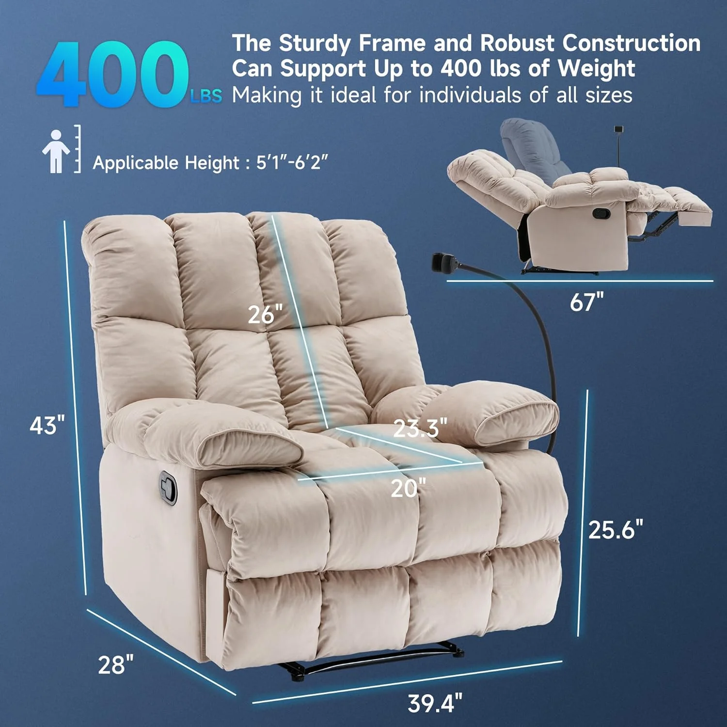 hzlagm Home Oversized Velvet Manual Chair Recliner Overstuffed Arms and Back for Home Theater Living Room Beige - Radiant Selections