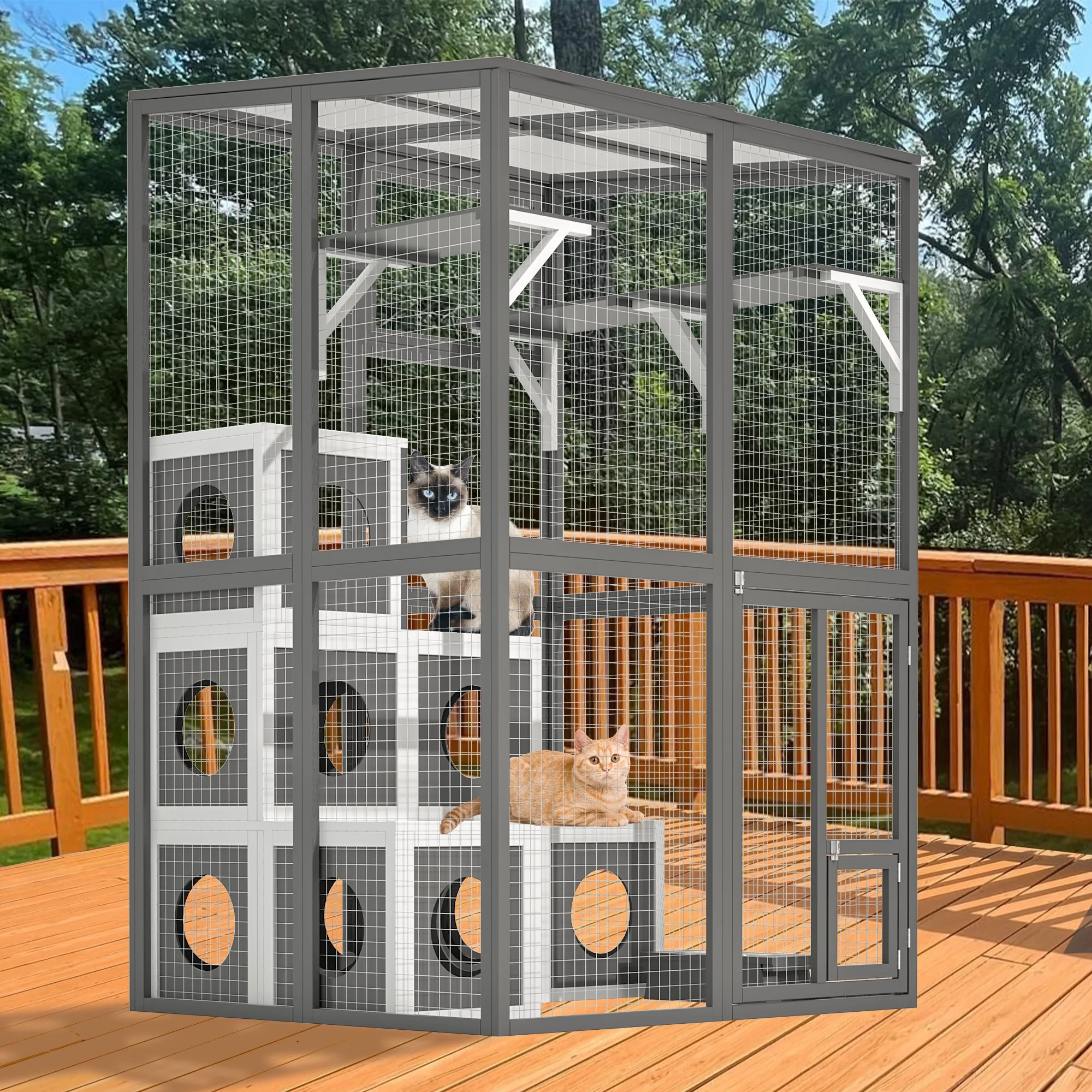 Montary Catio Outdoor Cat Enclosure with Window Access, 4-Tier Cat House with Wheels, Waterproof Roof &amp; Resting Box, Large Gray Cage