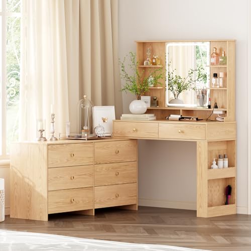 Large Makeup Vanity Desk with Mirror and Lights, Vanity Desk with 8 Drawers & Storage Shelves, Vanity Table with Power Outlet