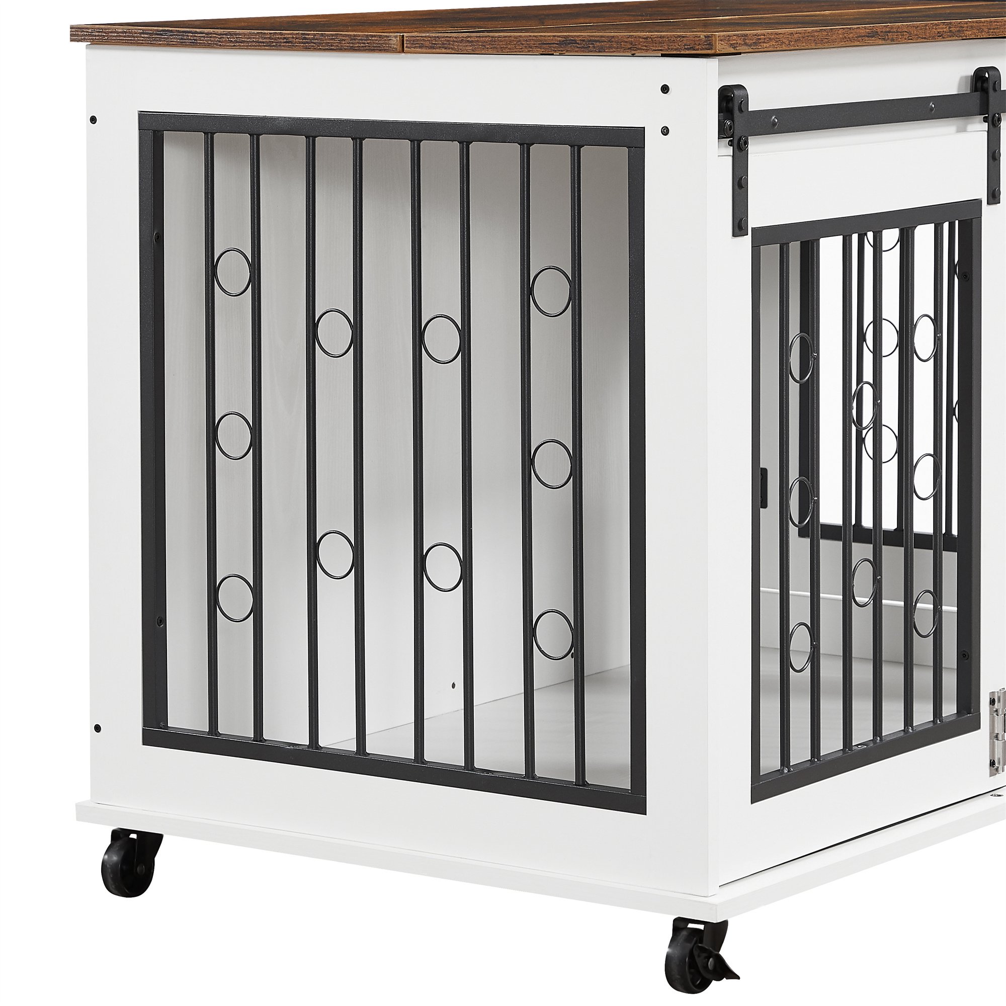 Ostreici 44" Anti-Bite Furniture Style Dog Crate Sliding Barn Door, Dog Kennel End Table w/ Wheels