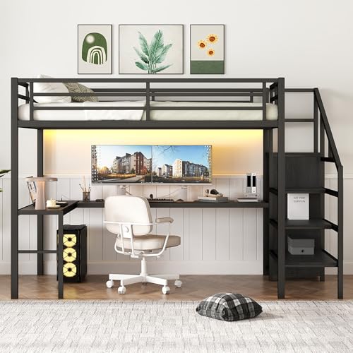 Bellemave Full Size Metal Loft Bed with L Shaped Desk and Wardrobe, Heavy Duty Loft Bed Frame with Storage Stairs