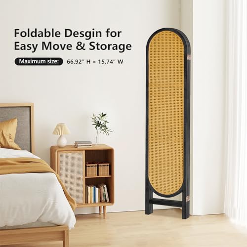 4 Panels Room Divider Wall, Foldable Wooden Room Divider, Individual Privacy Screen Made of Hand-Woven Rattan