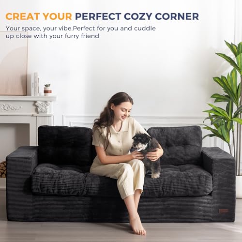 MAXYOYO 3 Seater Couch for Living Room, Boneless Couch with Tufted Cushion & Backrest, Upholstered Floor Sofa with Armrests, Sofa in A Box