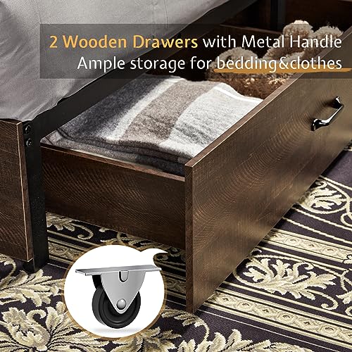 VanAcc Full Size Bed Frame, Wooden Platform Storage Bed with 51.2" Bookcase Headboard, 2 Drawers