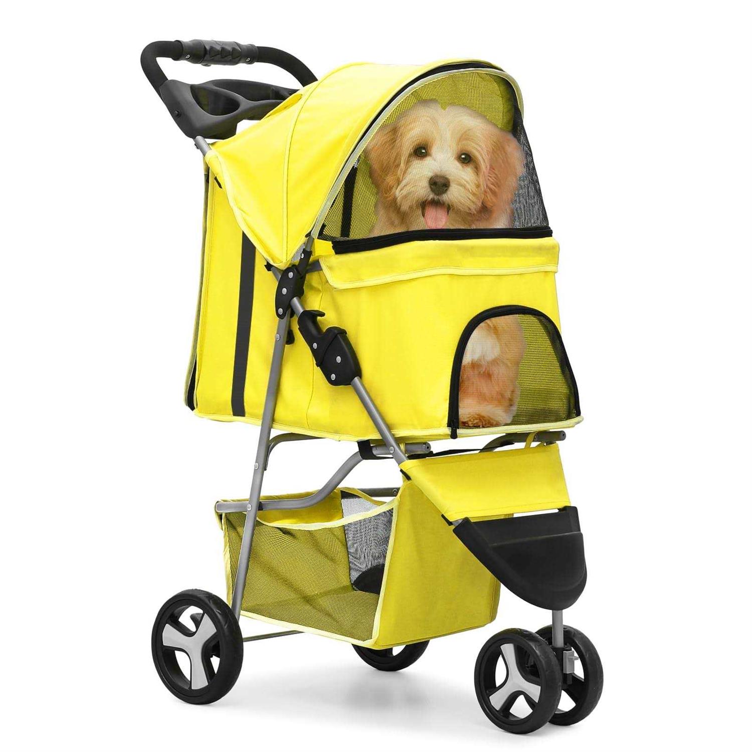 MoNiBloom Foldable Pet Stroller with Weather Cover, 3 Wheels Pet Small Dogs and Cats with Storage Basket and Cup Holder - Pet Supplies online store