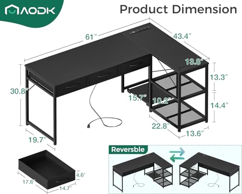 AODK 53 Inch L Shaped Computer Desk with Drawers, Corner Desk with Power Outlets & Reversible Storage Shelves