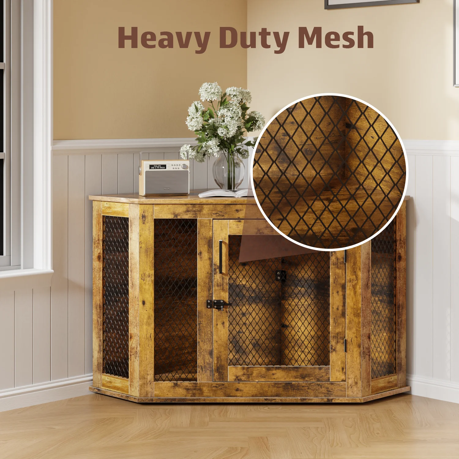 Bossin 44"Corner Dog Crate Furniture，Wooden Dog Kennel Indoor Furniture，Decorative Dog Crate
