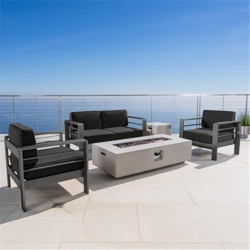 GDFStudio Coral Bay Outdoor Grey Aluminum 5 Piece Loveseat Chat Set with Fire Table (Dark Grey)