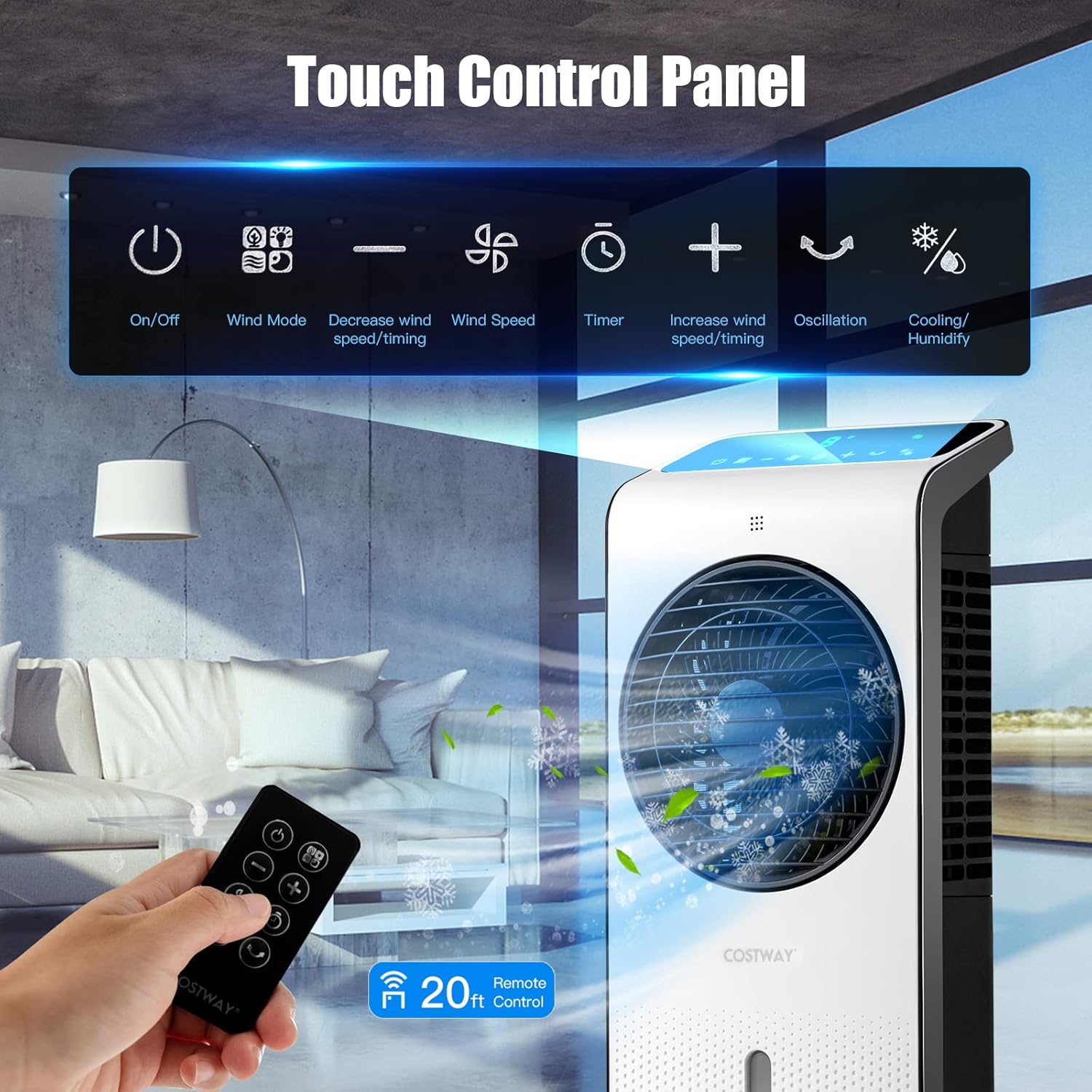 COSTWAY Portable Evaporative Air Cooler, 3-in-1 Swamp Cooler w/Remote Control, 360° Rotating Fan Blade, 3 Modes, 12H Timer, 2 Ice Packs