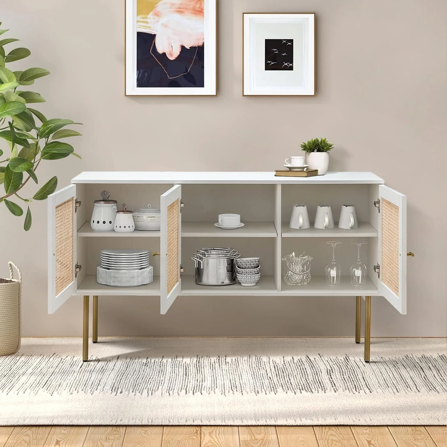 Sideboard Buffet Cabinet,Kitchen Accent Storage Cabinet With Adjustable Shelves & 3 Rattan Decor Doors