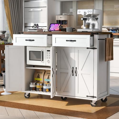 Bellemave Kitchen Island with Storage Cabinet on Wheels, 53.5'' Mobile Kitchen Cart with Power Outlet, Drop Leaf, Spice/Towel Rack and Drawer