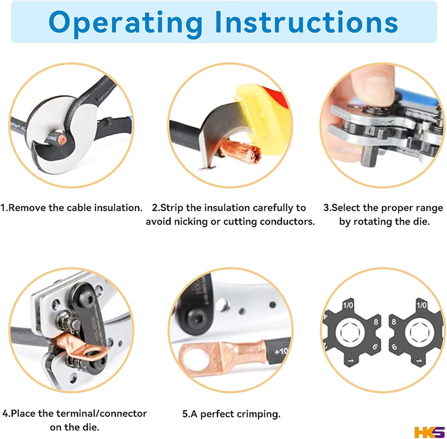 HKS Battery Cable Lug Crimping Tool 10-1 AWG with 60Pcs Copper Ring Terminals 8 Sizes Cable Lugs Set