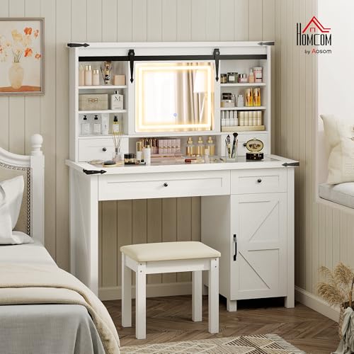 HOMCOM Farmhouse Vanity Desk with Mirror, LED Lights Makeup Vanity Table with 42 Inch Glass Tabletop, Cushioned Stool, Drawers & Shelves & Cabinet