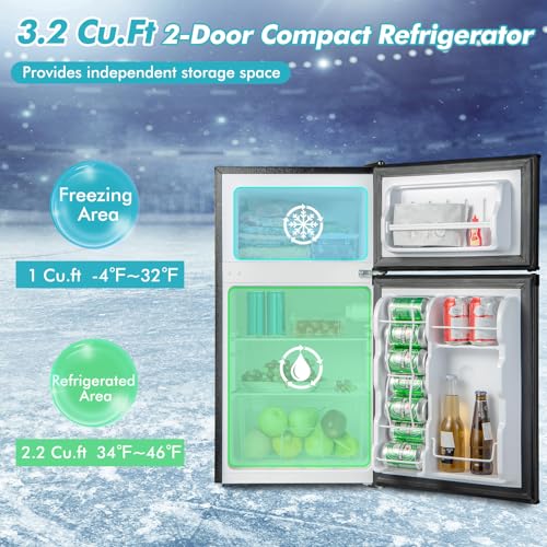 COSTWAY Compact Refrigerator, 3.2 Cu.Ft. Fridge Freezer Compartment with Reversible 2 Door, Adjustable Thermostat, Removable Glass Shelves