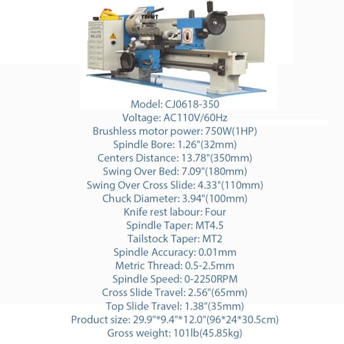Mini Metal Lathe CJ0618 Metric Thread 750W Benchtop Precision Metal Wood Horizontal Lathe 0-2500rpm Variable Speed 7"*14" 110V for Teaching and