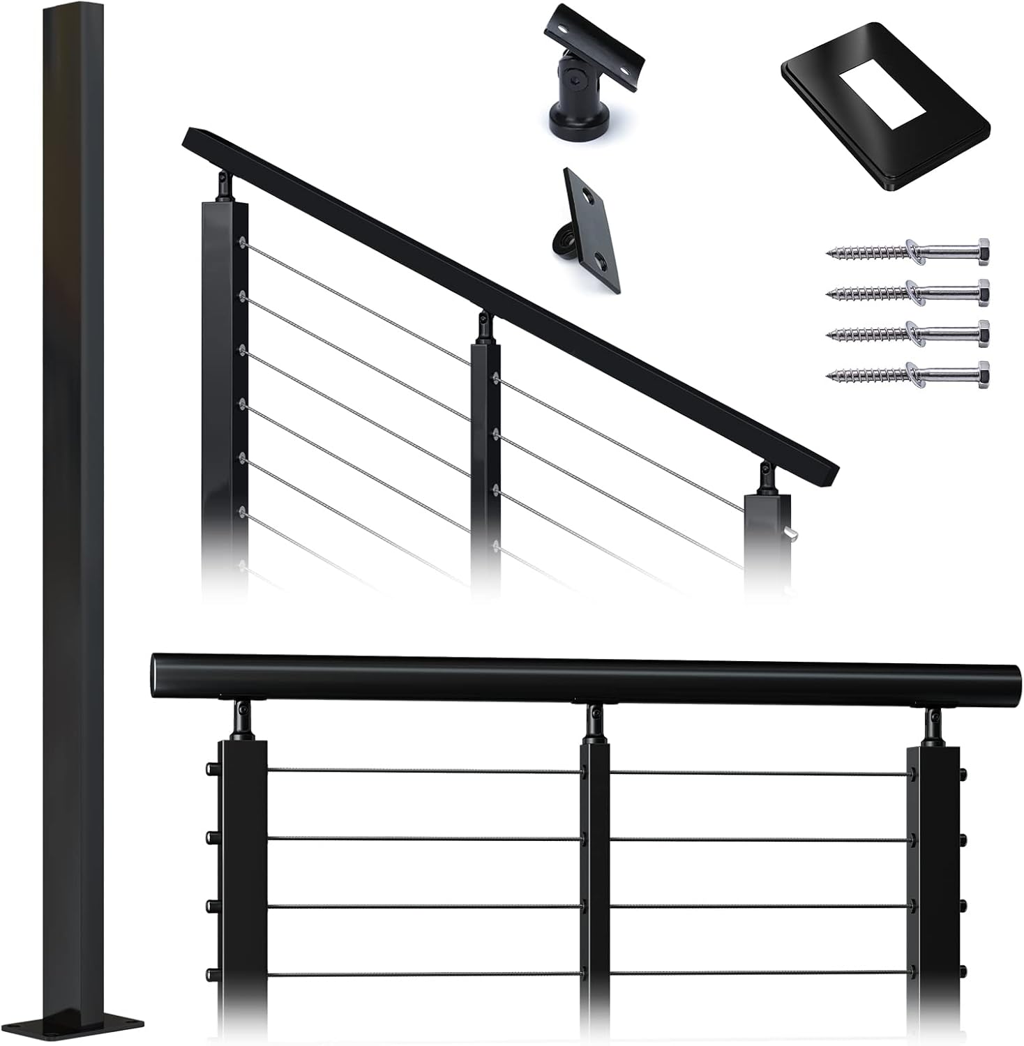 Muzata Cable Railing Post Intermediate Stabilizer 36"x1"x2" Stainless Steel Black Finishing Un-drilled Post Surface Mount for Wood Concrete Level