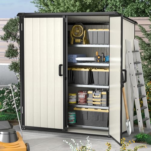 Aoxun Outdoor Storage Shed 5 x 3FT, Resin Shed with Floor and Lockable Door, Plastic Sheds for Garbage Can, Tool, Accessories, Lawn, Garden - Grey