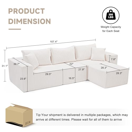 107.4" Cloud Couch Sectional, Modular Sofa with Deep Seat, Plush Corduroy L Shaped Boneless Couch, Convertible Sectional Couches for Living Room