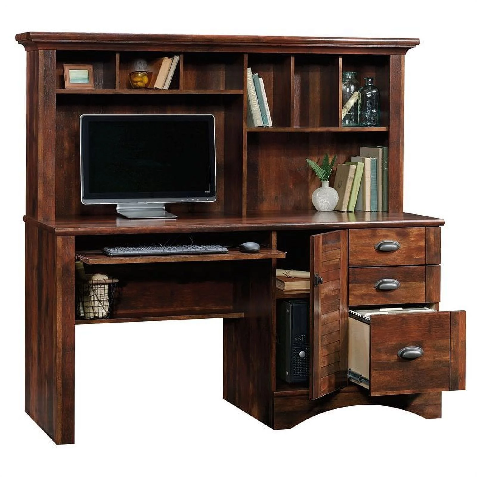 Pemberly Row Computer Desk and Hutch with CPU Storage and Keyboard Drawer, Curado Cherry