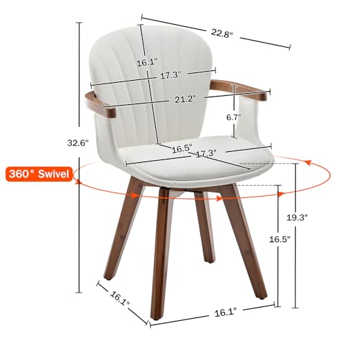 LUNLING Swivel Dining Chairs Set of 2, Mid Century Modern Gray Fabric+Faux Leather Kitchen Chairs with Arms,Bamboo Legs Side Chairs No Wheels