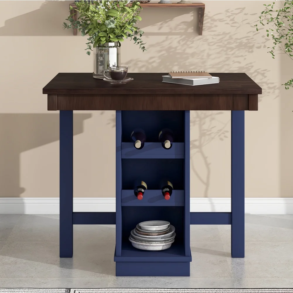 Farmhouse 5-Piece Counter Height Dining Sets, 4 Stools, Square Wood Table with 3-Tier Adjustable Storage Shelves and Wine Racks for Small Spaces