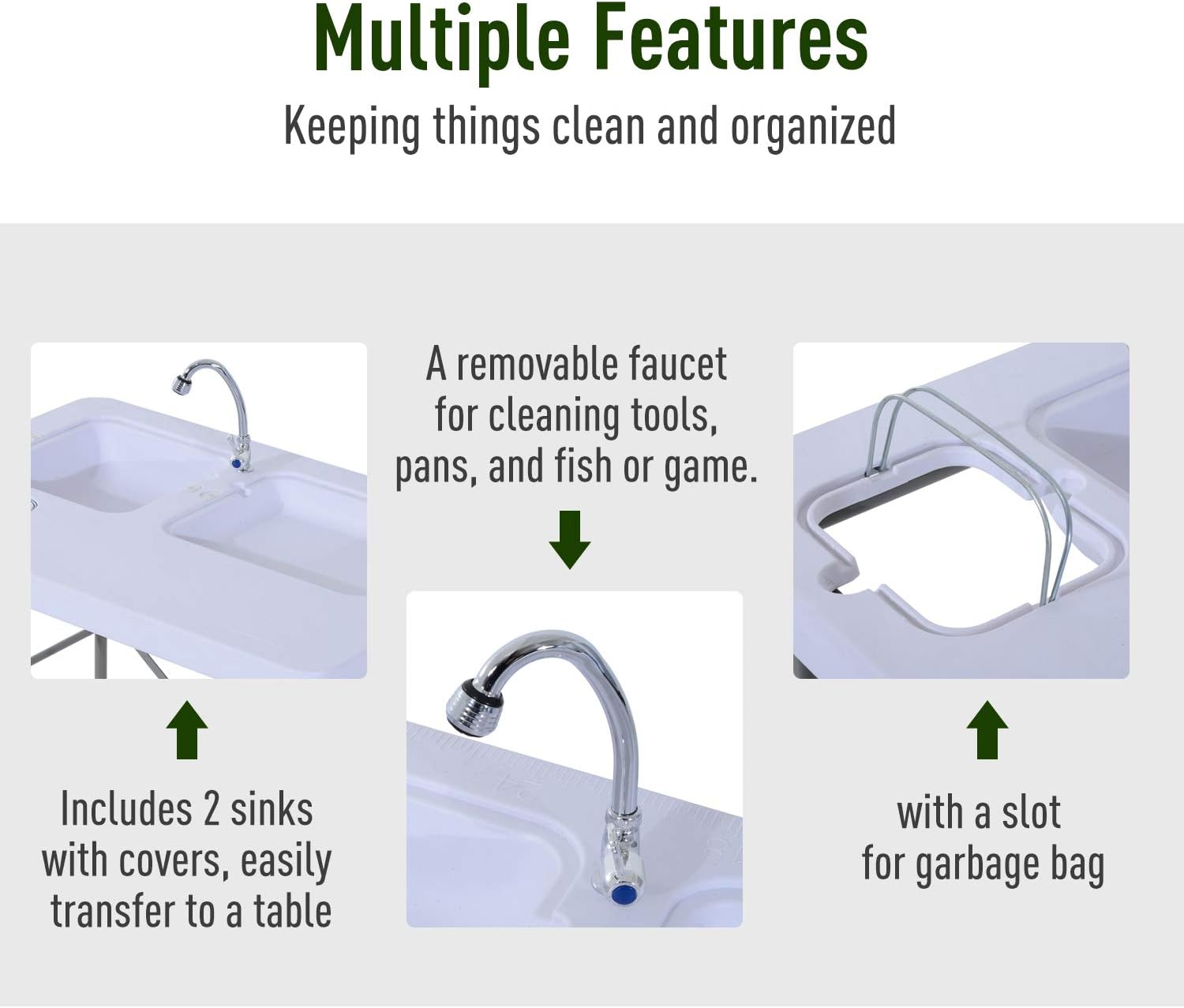Outsunny Portable Folding Camping Sink Table with Faucet and Dual Water Basins, Outdoor Fish Table Sink, 40''