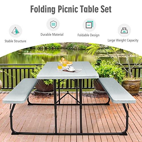 GYMAX Picnic Table, 550 LBS Folding Picnic Tables with Benches & Seats, Weather-Resistant Easy Setup Portable Picnic Table