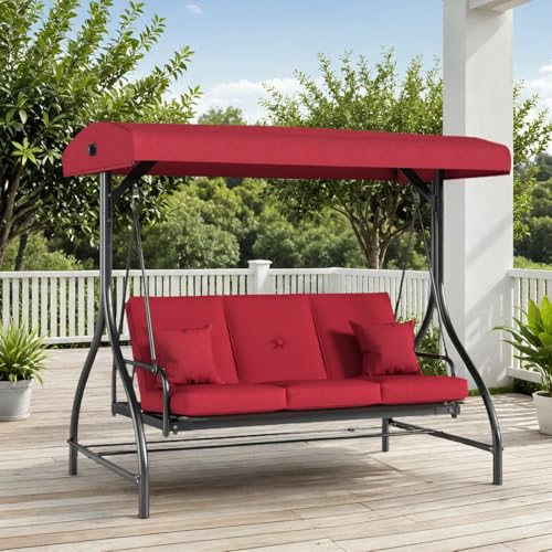 TLSUNNY 3-Seat Outdoor Patio Porch Swing with Adjustable Canopy & Backrest, Convertible Glider Bed with Stand, Removable Seat Cushion