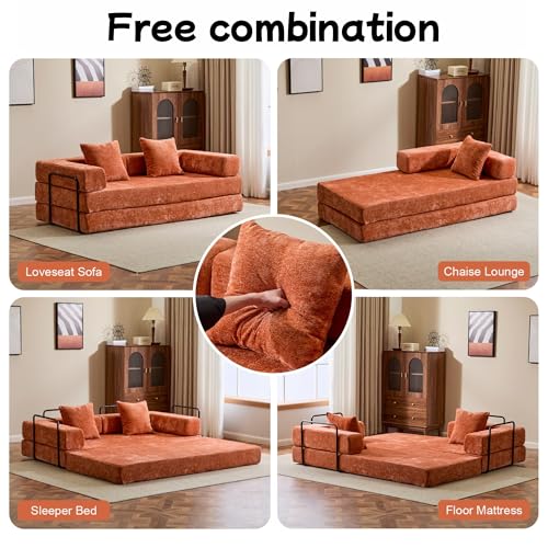 Convertible Floor Sofa Bed, Foldable Mattress Cloud Couch with Pillow Back & Armrest, Chenille Sleeper Sofa Bed with Fixed-Shape Frame