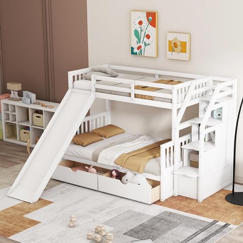 Harper & Bright Designs Bunk Beds Twin Over Full Size, Bunk Bed with Trundle,Storage Shelf and Stairway