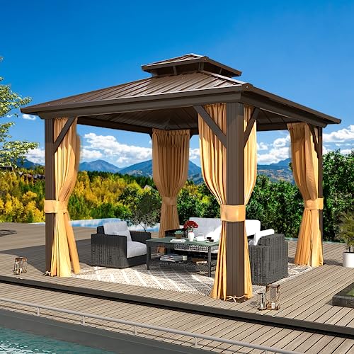 MELLCOM 10'x13' Hardtop Gazebo with Polycarbonate Double Roof, Aluminum Frame Outdoor Gazebo Permanent Pavilion with Curtains and Netting for Patio