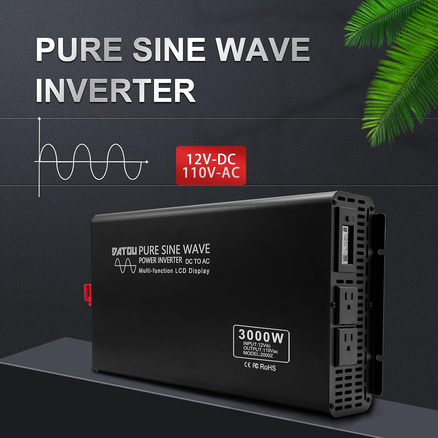 DATOUBOSS 3000W Power Inverter 6000W Peak Pure Sine Wave Inverter 12V DC to 110V AC with Dual AC Outlets & LED Display Car Converter(3000W 12-110V)
