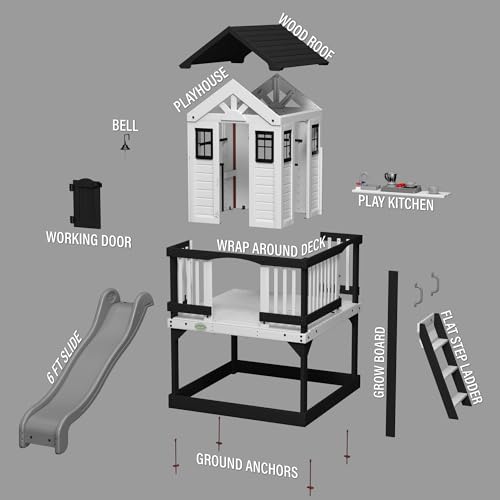 Backyard Discovery Beacon Heights Elevated Cedar Playhouse, Play kitchen, Powered Blender, Working Bell, 6 ft Wave Slide, Wrap-Around Deck