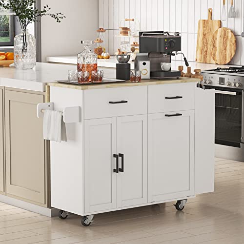 Rolling Kitchen Island with Trash Storage Cabinet, 2 Drawers, Kitchen Island with Drop Leaf, Kitchen Storage Islands Carts W/ 3 Spice Rack