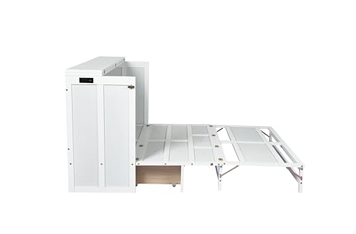 Queen Murphy Bed with Desk and Removable Shelves on Each Side, Murphy Bed Chest Murphy Bed Frame w/USB Port for Home Office, Studio or Guest Room