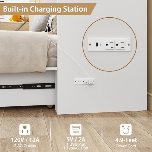 Queen Murphy Bed with Storage & Charging Station, Murphy Cabinet with Foldable Panel, Noisy Free, for Guest Bedroom, Living Room, Office
