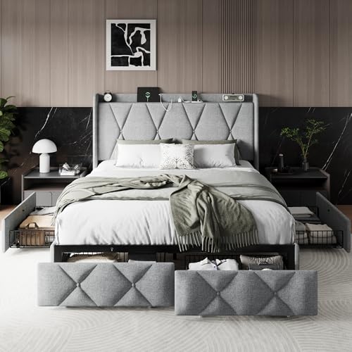 Queen Bed Frame with 4 Storage Drawers and Charging Station, Upholstered Platform Bed Frame with Storage Headboard, No Box Spring Needed