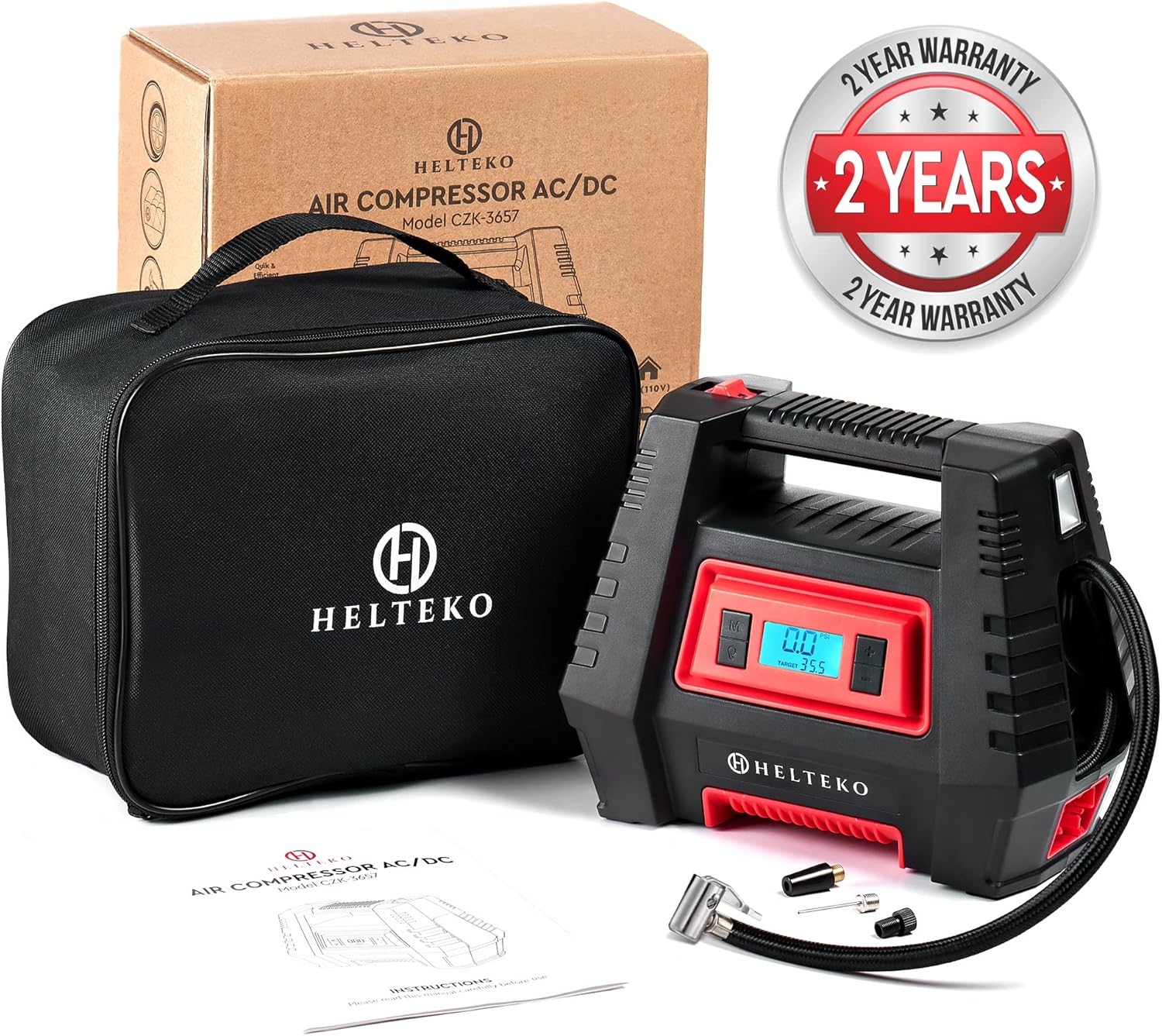 Helteko Air Compressor Tire Inflator AC/DC, Electric Digital Tire Pump for Car 12V and Home 110V, Portable Air Pump with Auto Shut-Off