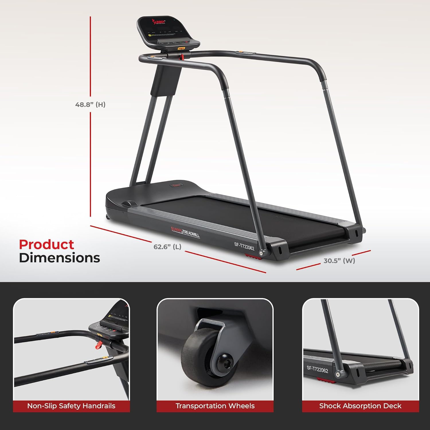 Sunny Health & Fitness Endurance Cardio Running Walking Treadmill with Extended Safety Handrails, Low-Impact