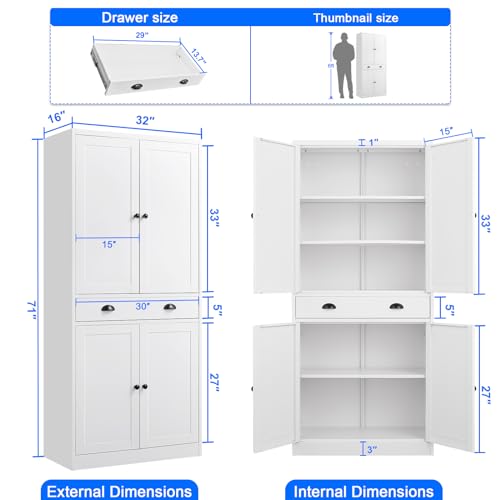 Pantry Cabinet, 71 Inch Tall Kitchen Storage Cabinet, Metal Pantry Cabinet with Doors and Adjustable Shelves, Black Food Cupboard