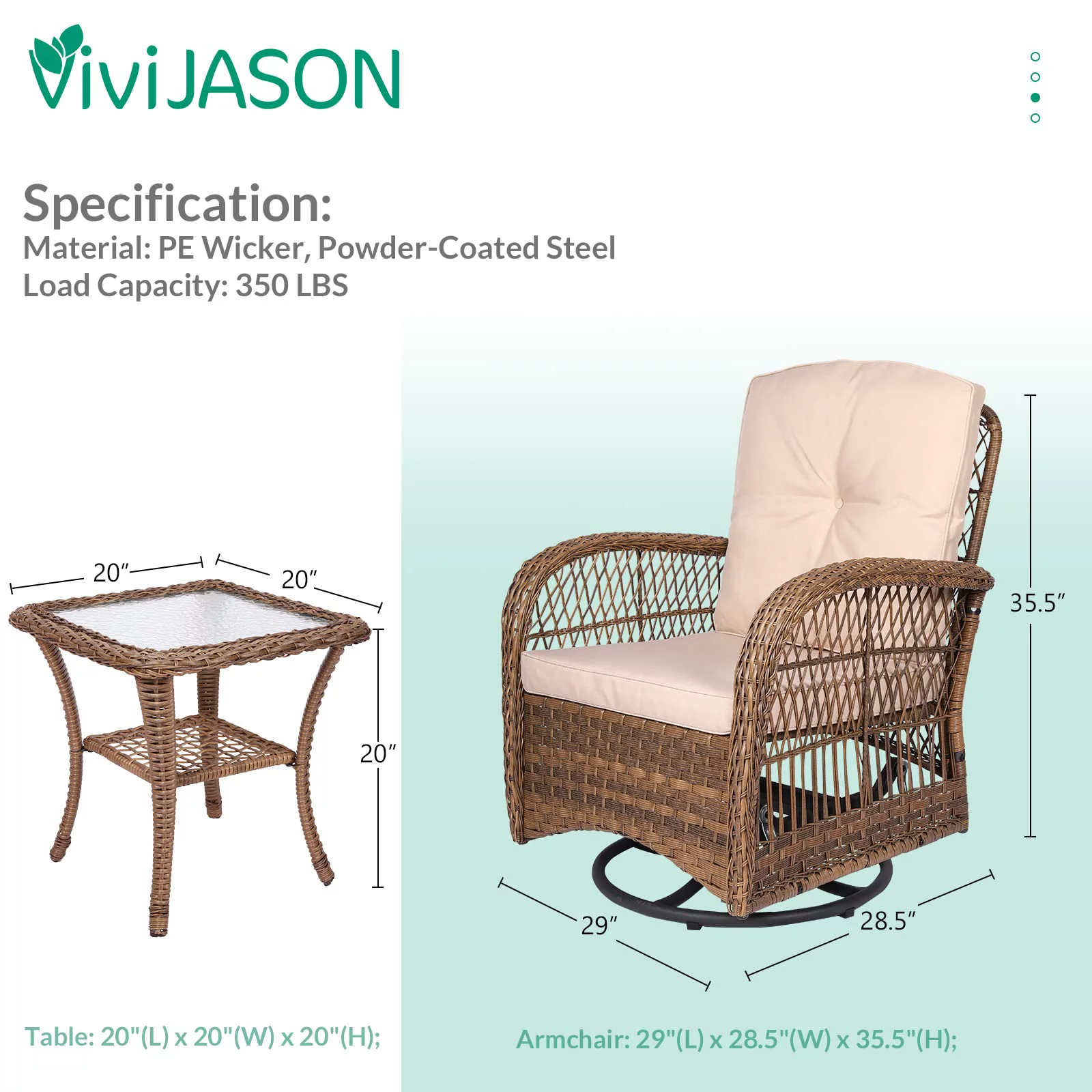 VIVIJASON 3-Piece Outdoor Conversation Bistro Set, Patio Swivel Glider Rocking Chairs Rattan Furniture Sets w/ 2 Rattan Chairs, Cushions