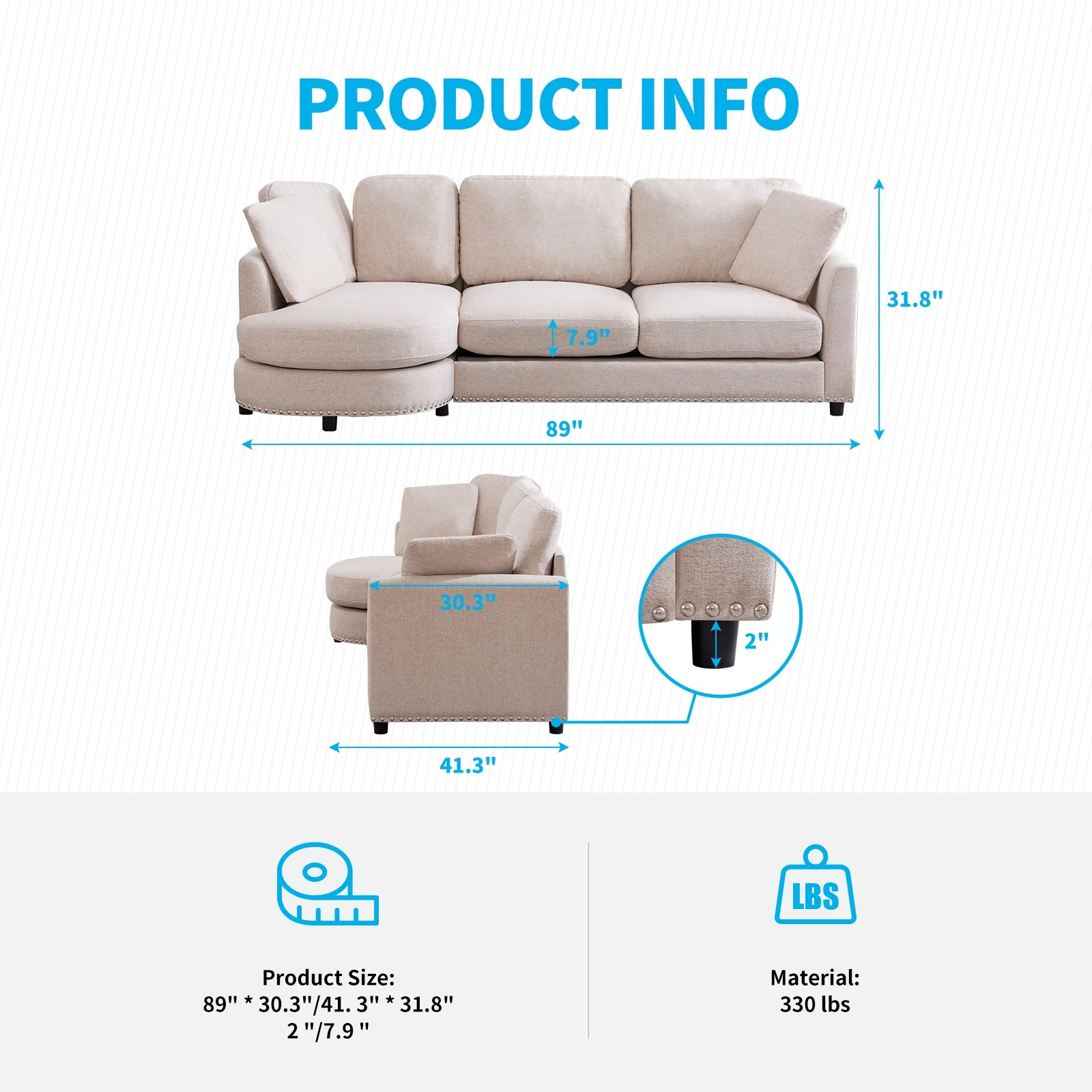 Puremind Sectional Sofa Couch with Chaise, Upholstered Curved Couch for Living Room/Apartment(Beige)