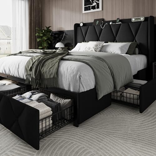 Queen Bed Frame with 4 Storage Drawers and Charging Station, Upholstered Platform Bed Frame with Storage Headboard, No Box Spring Needed
