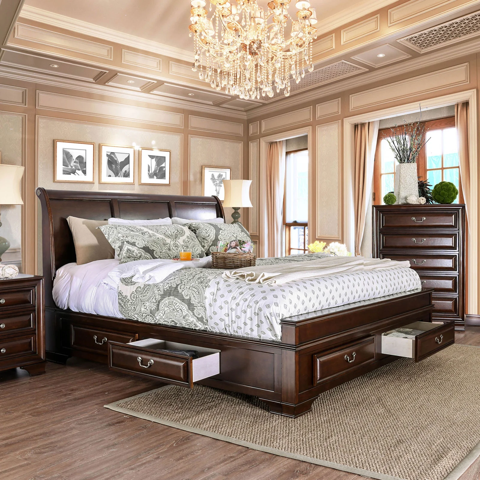 Elegance 3pc Bedroom Furniture Set Transitional Solid wood Queen Size Bed 2x Nightstands w USB Brown Cherry Storage Bed Drawers