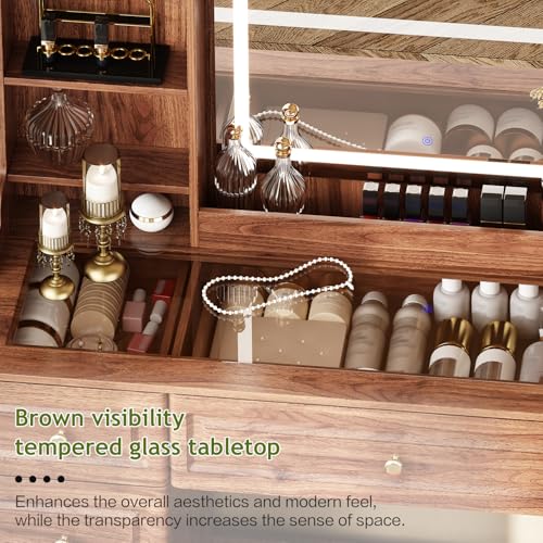 43" Makeup Vanity Desk with Mirror and Lights, & Power Outl, Glass Top Big Vanity Table with 9 Drawers& 8 Storage Shelves