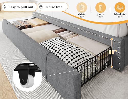 EnHomee Queen Bed Frame with 3 Storage Drawers, Upholstered Bed Frame Queen Size with 2-Tier Storage Headboard, Wooden Slats, No Box Spring Needed