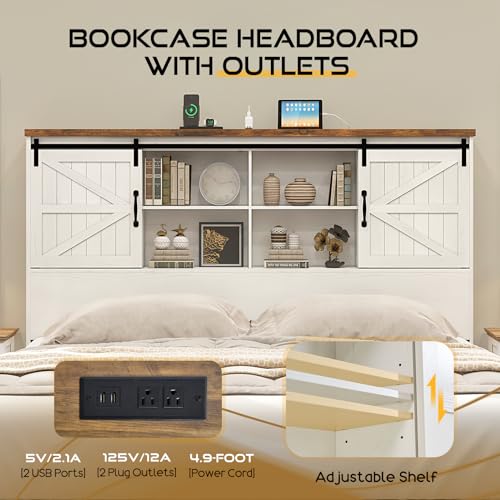 HOWE King Size Bed Frame, Wood Platform Bed Frame with 51.2" Bookcase Headboard, Storage Bed with Sliding Barn Door Charging Station 2 Drawers