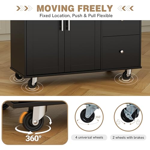 Shintenchi Rolling Kitchen Island Cart with Folding Drop Leaf Breakfast Bar, Portable Trolley Island with Large Storage Cabinet, Shelf and Drawer